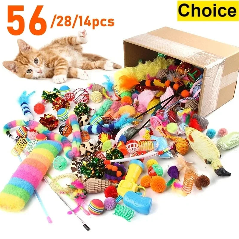 28pcs/14pcs Cat Toys Mixed Pack Assorted Plastic & Plush Toys for Multiple Cats Interactive Play