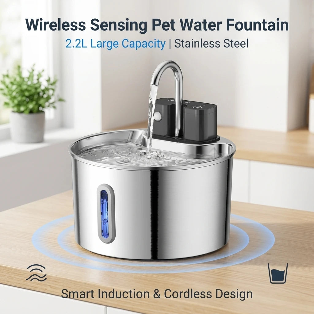 Wireless Cat Water Fountain, Built-in 2000mAh Rechargeable Battery Cat Fountain, 120-Degree Sensor Water Dispenser for Pets