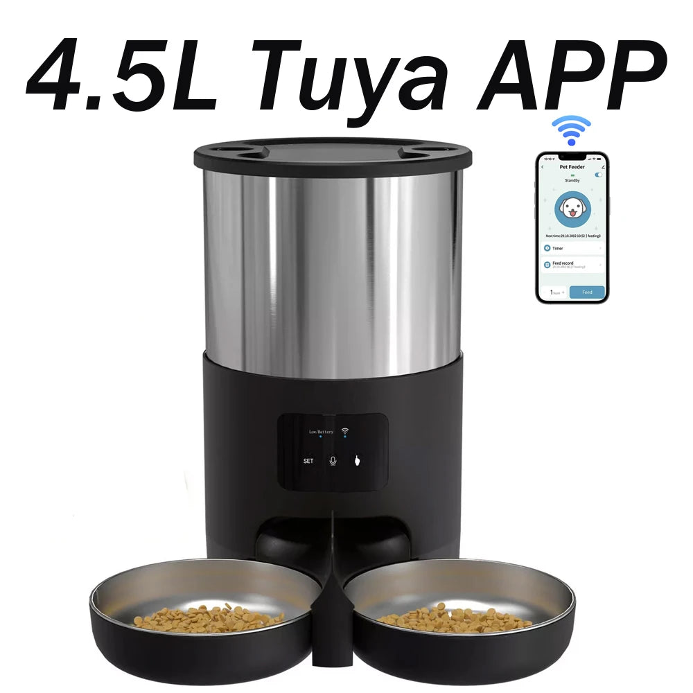 Tuya APP Automatic Cat Feeder,4.5L Pet Feeder With Double Stainless‑Steel Bowls,Dry Cat Food Dispenser Timed Auto Feeding For Ca