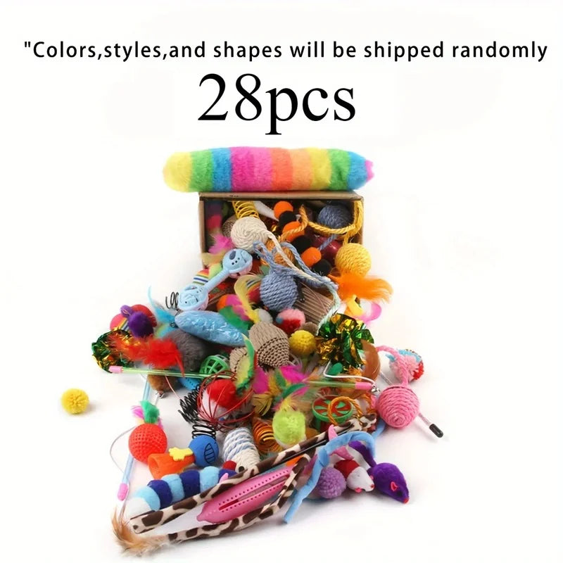 28pcs/14pcs Cat Toys Mixed Pack Assorted Plastic & Plush Toys for Multiple Cats Interactive Play