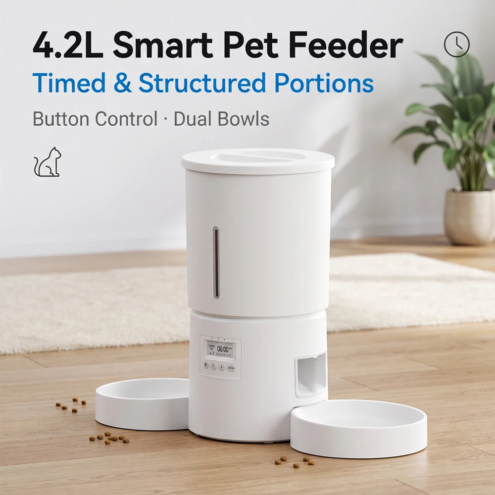 4.2L Cat Automatic Feeder, Pet Feeder with 2 Bowls, Programmable Automatic Dog Feeder, Cat Food Dispenser