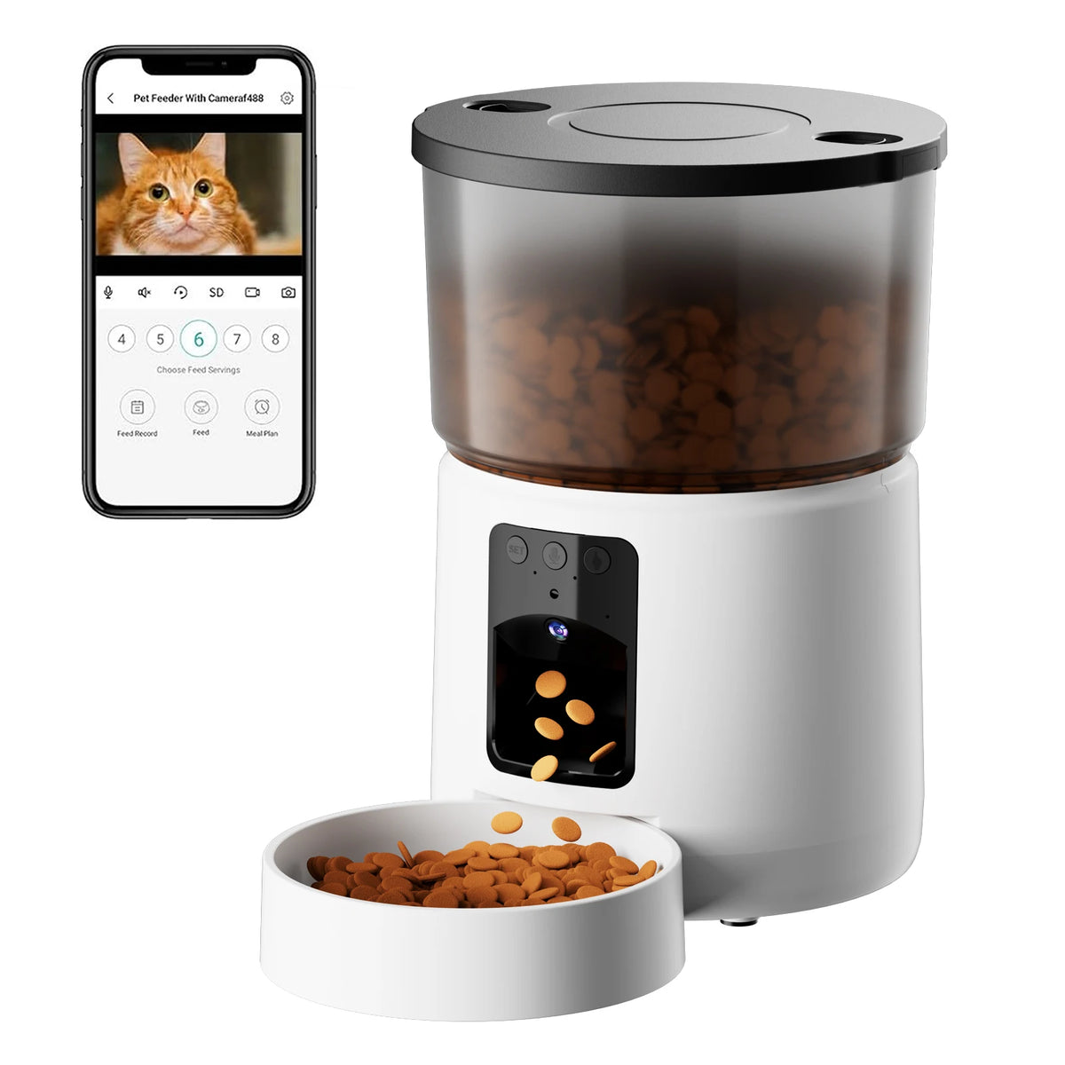 Automatic Cat Feeder with Camera, Video Dog Feeder, Suitable for Small and Medium-Sized Kittens and Dog Feeders, 5V-USB Powered