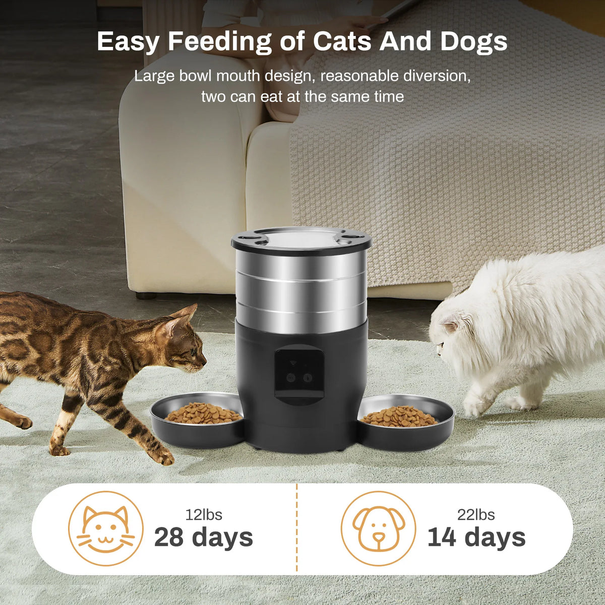 Tuya APP Automatic Cat Feeder,4.5L Pet Feeder With Double Stainless‑Steel Bowls,Dry Cat Food Dispenser Timed Auto Feeding For Ca