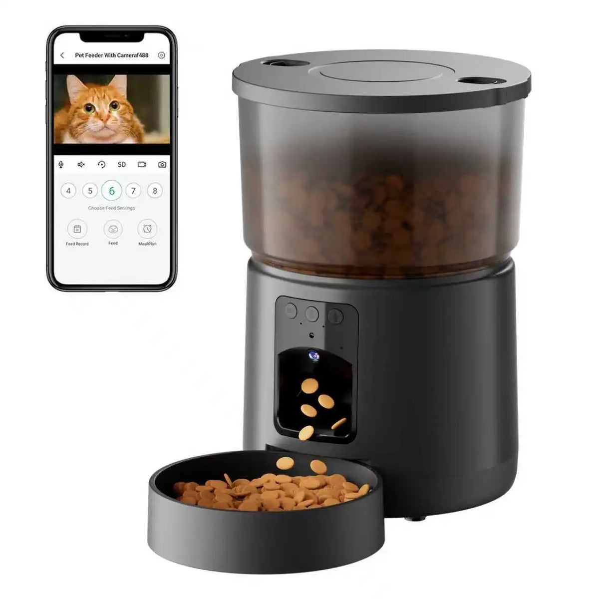Automatic Cat Feeder with Camera, Video Dog Feeder, Suitable for Small and Medium-Sized Kittens and Dog Feeders, 5V-USB Powered