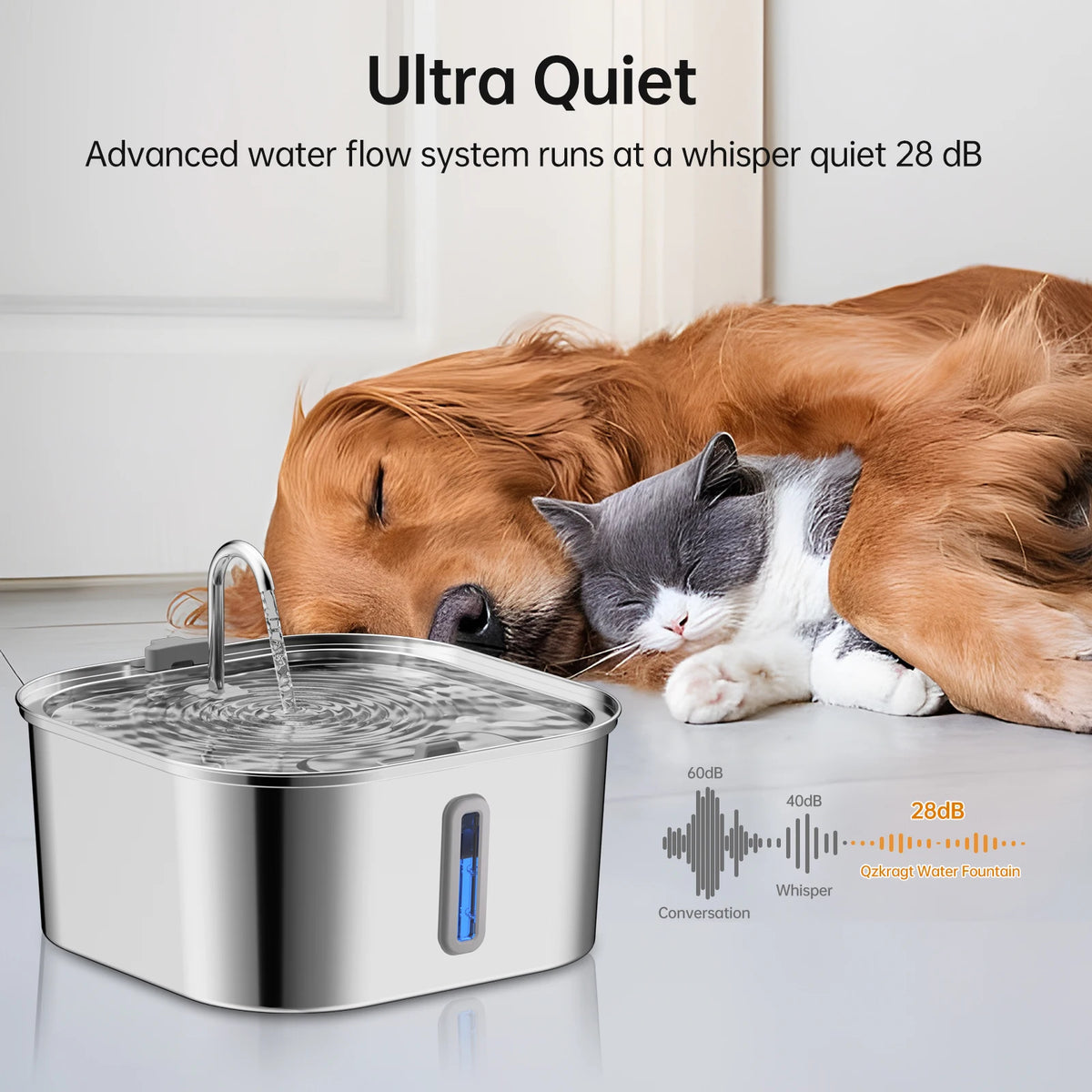 7L Stainless Steel Dog Automatic Water Feeder, With Water Level Window Display Dog Fountain, Large Pet Water Dispenser