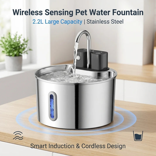 Wireless Cat Water Fountain, Built-in 2000mAh Rechargeable Battery Cat Fountain, 120-Degree Sensor Water Dispenser for Pets