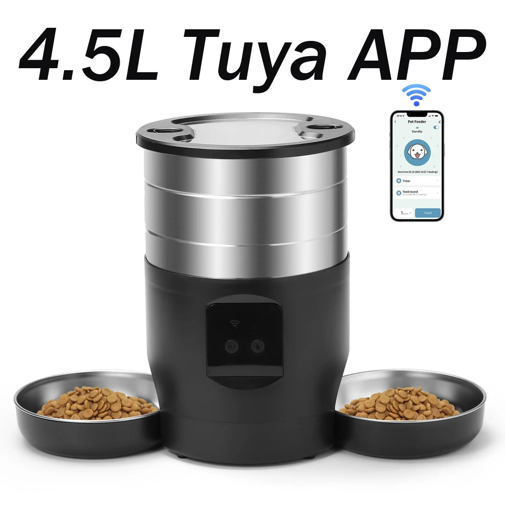 Tuya APP Automatic Cat Feeder,4.5L Pet Feeder With Double Stainless‑Steel Bowls,Dry Cat Food Dispenser Timed Auto Feeding For Ca