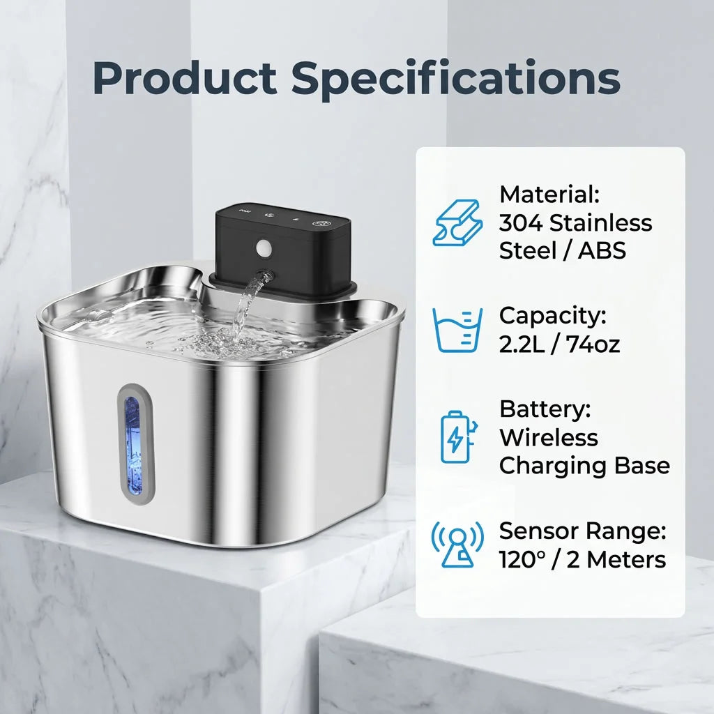 Wireless Cat Water Fountain, Built-in 2000mAh Rechargeable Battery Cat Fountain, 120-Degree Sensor Water Dispenser for Pets