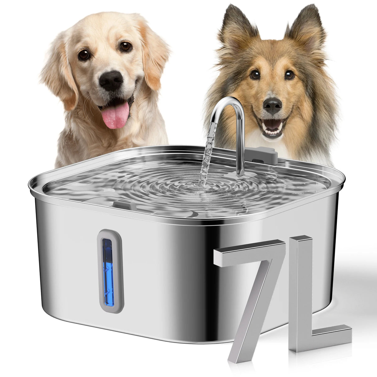 7L Stainless Steel Dog Automatic Water Feeder, With Water Level Window Display Dog Fountain, Large Pet Water Dispenser