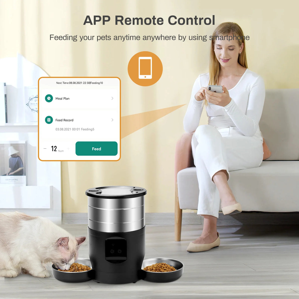 Tuya APP Automatic Cat Feeder,4.5L Pet Feeder With Double Stainless‑Steel Bowls,Dry Cat Food Dispenser Timed Auto Feeding For Ca