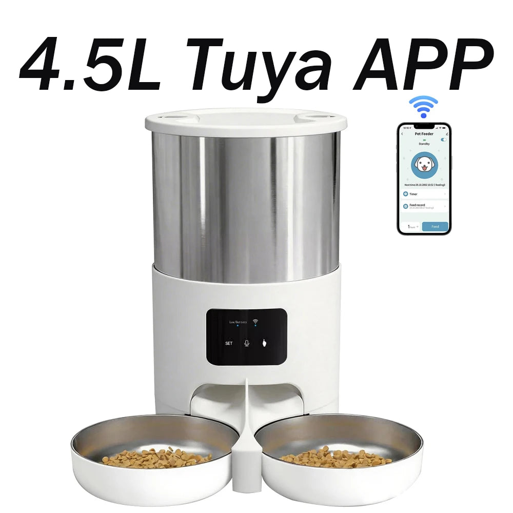 Tuya APP Automatic Cat Feeder,4.5L Pet Feeder With Double Stainless‑Steel Bowls,Dry Cat Food Dispenser Timed Auto Feeding For Ca