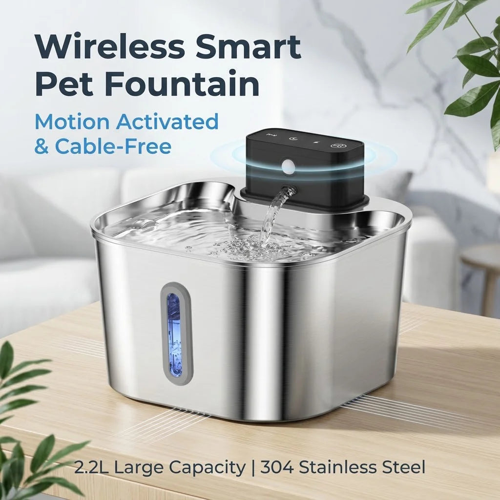 Wireless Cat Water Fountain, Built-in 2000mAh Rechargeable Battery Cat Fountain, 120-Degree Sensor Water Dispenser for Pets