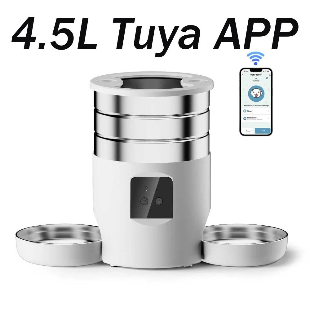 Tuya APP Automatic Cat Feeder,4.5L Pet Feeder With Double Stainless‑Steel Bowls,Dry Cat Food Dispenser Timed Auto Feeding For Ca